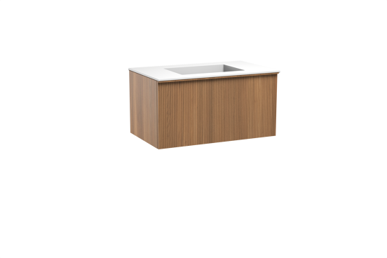 Balmani Forma zwevend badkamermeubel 90 x 55 cm teak met Tablo Stretto enkele wastafel in solid surface mat wit, Verticale symmetrische rechte ribbel