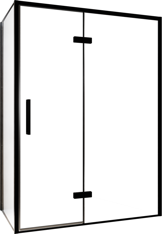 Balmani Senses Design douchecabine met rechtse draaideur en vaste zijwand, 140 x 100 cm, Helder glas, Zwarte profielen, met coating