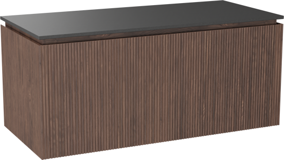 Balmani Eclips meuble salle de bains suspendu 120 x 55 cm Noyer américain avec Stretto tablette simple en Granit noir, Nervure droite symétrique verticale