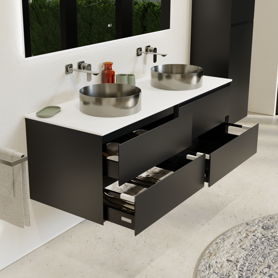 Balmani Mitra meuble salle de bains suspendu 150 x 55 cm noir mat avec Stretto tablette simple ou double en solid surface blanc mat