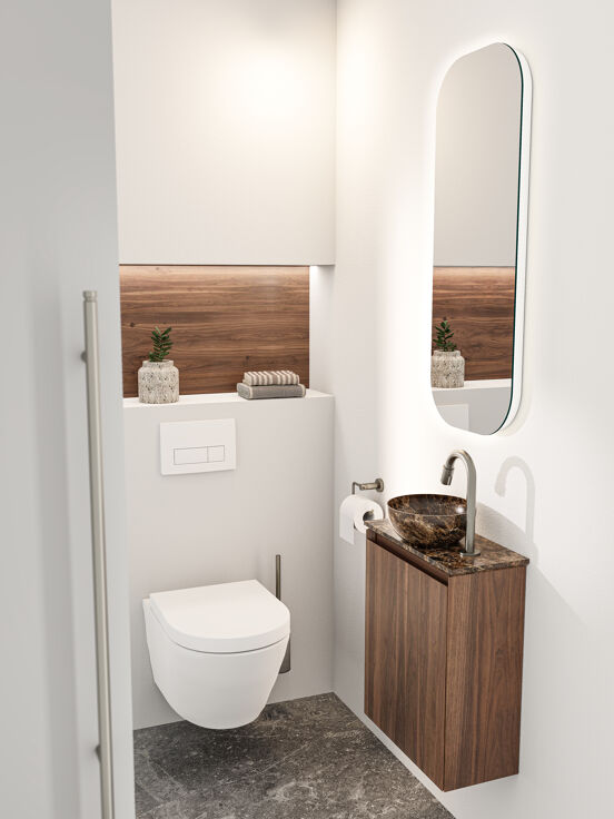 Balmani Mitra zwevend toiletmeubel 42 x 21 cm Dark Emperador met Facetta tablet en Bari XS waskom in Dark Emperador marmer
