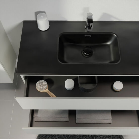 Linie Lado hängendes Möbelstück Set: 60 x 46 cm, Greige, mit Baro Einzelwaschtisch, Porzellan Schwarz matt