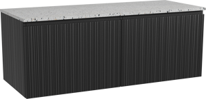 Storke Ribs meuble salle de bains suspendu 130 x 52 cm chêne noir avec Tavola tablette simple ou double en blanc/noir mat terrazzo, Nervure droite asymétrique verticale