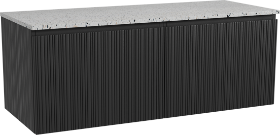 Storke Ribs meuble salle de bains suspendu 130 x 52 cm chêne noir avec Tavola tablette simple ou double en blanc/noir mat terrazzo, Nervure droite asymétrique verticale
