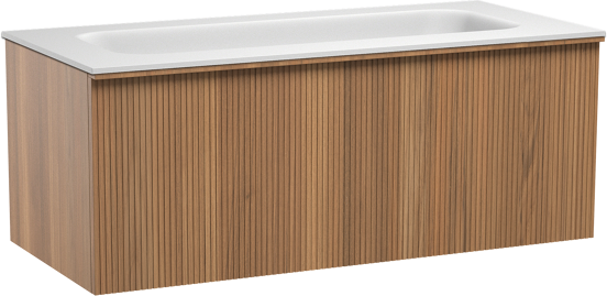 Balmani Forma zwevend badmeubel 120 x 55 cm teakhout met Tablo Arcato enkele wastafel voor 2 kraangaten in solid surface mat wit, Verticale symmetrische rechte ribbel