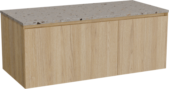 Balmani Idra hängendes Möbelstück Set: 120 x 55 cm, Naturbelassene Eiche, mit Stretto Einzel- oder Doppel Waschtischplatte, Terrazzo in Greige
