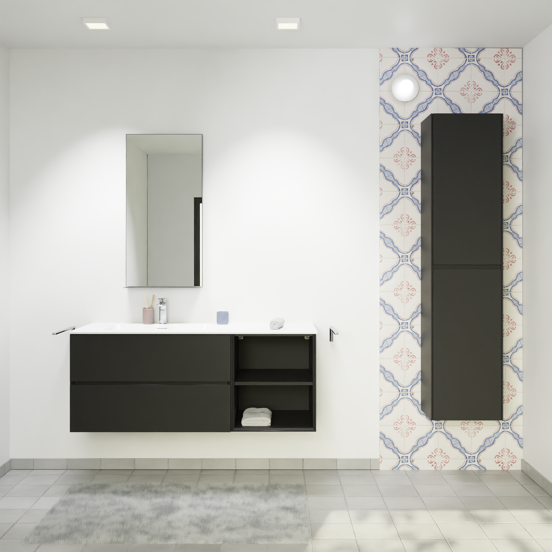 Storke Edge meuble salle de bains suspendu 130 x 52 cm noir mat avec Scuro High plan vasque asymétrique à gauche en quartz noir mat