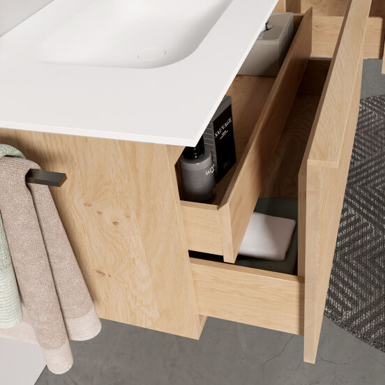 Balmani Forma hängendes Möbelstück Set: 150 x 55 cm, Naturbelassene Eiche, mit Tablo Arcato Doppelwaschtisch, Solid Surface, Weiß matt, Horizontale symmetrische gerade Rippe