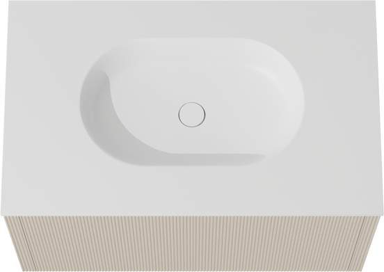 Balmani Eclips zwevend badkamermeubel 90 x 55 cm Sandbeige met Tablo Oval enkele wastafel in Solid Surface mat wit, Verticale symmetrische rechte ribbel