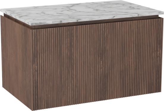 Balmani Eclips hängendes Möbelstück Set: 90 x 55 cm, Amerikanischer Nussbaum, mit Stretto Einzel Waschtischplatte Carrara-Marmor, Vertikale symmetrische gerade Rippe