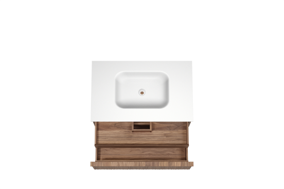 Balmani Forma zwevend badkamermeubel 90 x 55 cm amerikaanse notelaar met Tablo Arcato enkele wastafel in solid surface mat wit, Verticale asymmetrische ronde ribbel