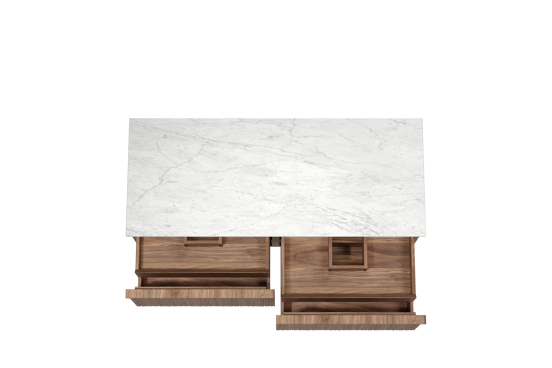Balmani Forma zwevend badkamermeubel 135 x 55 cm amerikaanse notelaar met Stretto enkel of dubbel tablet in marmer carrara, Verticale asymmetrische ronde ribbel