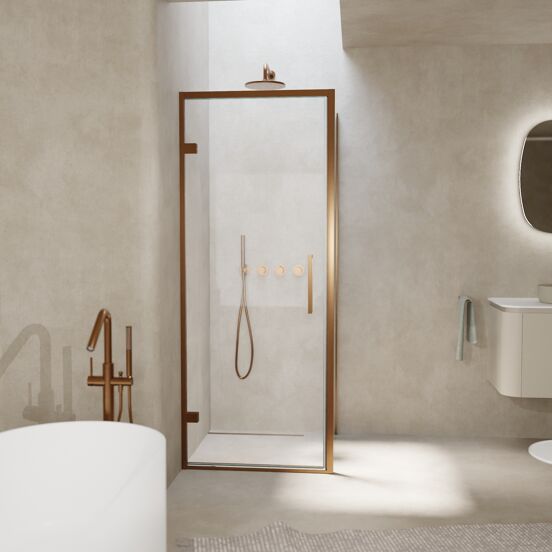 Balmani Senses Design douchehoek met linkse draaideur en vaste zijwand, 90 x 100 cm, Helder glas, Brushed Rosegold profielen