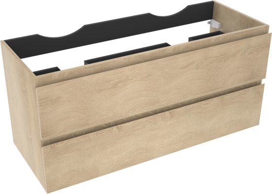 Linie Lado hängender Waschbeckenunterschrank: 120 x 46 cm, Eiche Weiß, 2 Schubladen, 2 Siphonaussparungen