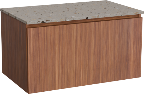 Balmani Sfera hängendes Möbelstück Set: 90 x 55 cm, Amerikanischer Nussbaum, mit Stretto Einzel Waschtischplatte, Terrazzo in Greige
