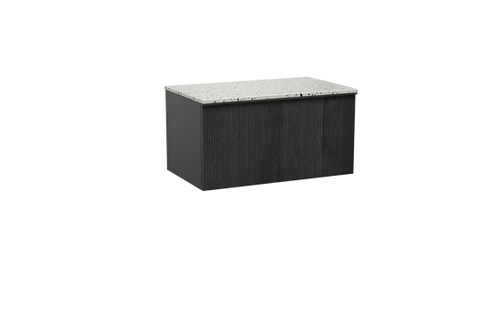 Balmani Forma zwevend badkamermeubel 90 x 55 cm zwarte eik met Stretto enkel tablet in mat wit/zwart terrazzo, Verticale symmetrische rechte ribbel