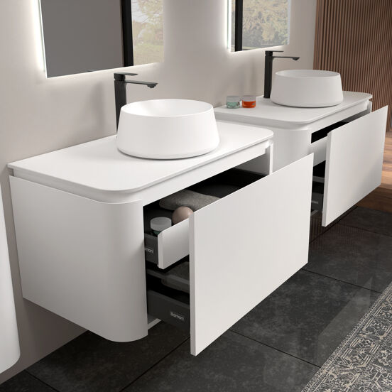 Balmani Moon meuble salle de bains suspendu 100 x 55 cm blanc mat avec Moon tablette simple en solid surface blanc mat