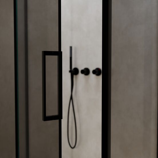 Balmani Senses Design douchehoek met linkse draaideur en vaste zijwand, 100 x 100 cm, Reflex spiegelglas, Zwarte profielen, met coating