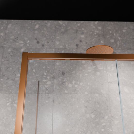 Balmani Senses Design douchehoek met rechtse schuifdeur en vaste zijwand, 160 x 80 cm, Helder glas met matte strook, Brushed Rosegold profielen