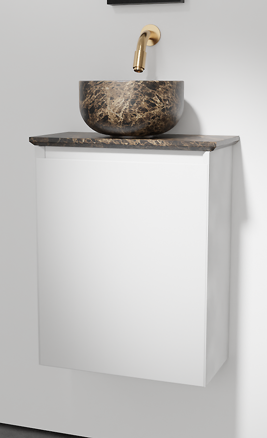 Balmani Mitra hängendes WC-Möbel-Set, 42 x 21 cm, weiß matt, mit Facetta Waschtischplatte und Bowl Aufsatzbecken in Dark Emperador Marmor