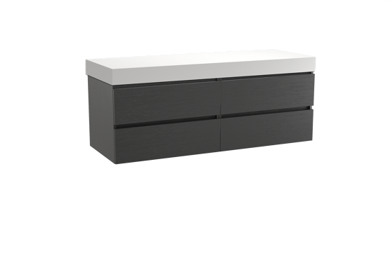 Balmani Lucida hängendes Möbelstück Set: 150 x 55 cm, Schwarze Eiche, mit Dominus Einzel- oder Doppel Waschtischplatte, Solid Surface Weiß matt