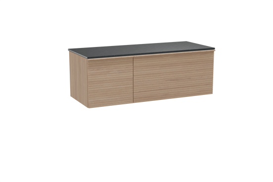 Balmani Forma zwevend badkamermeubel 135 x 55 cm natuur eik met Stretto enkel of dubbel tablet in graniet zwart, Horizontale symmetrische rechte ribbel