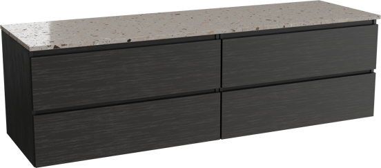 Balmani Lucida zwevend badkamermeubel 180 x 55 cm zwarte eik met Stretto enkel of dubbel tablet in terrazzo greige terrazzo