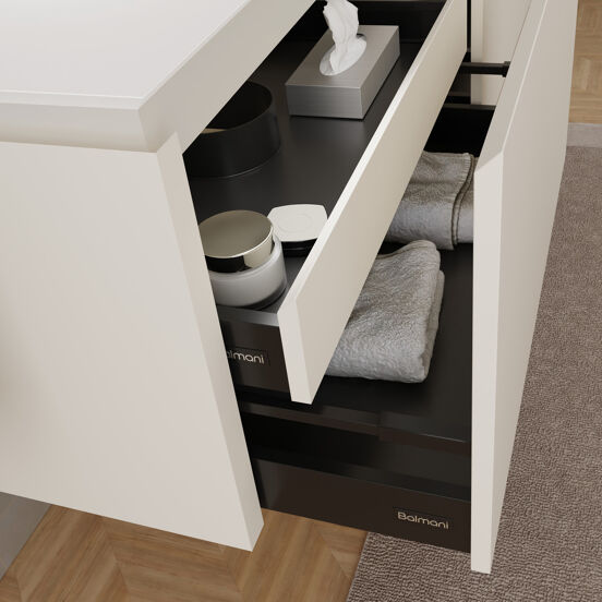 Balmani Eclips meuble salle de bains suspendu 120 x 55 cm Sandbeige avec Eclips tablette simple ou double en Solid Surface blanc mat