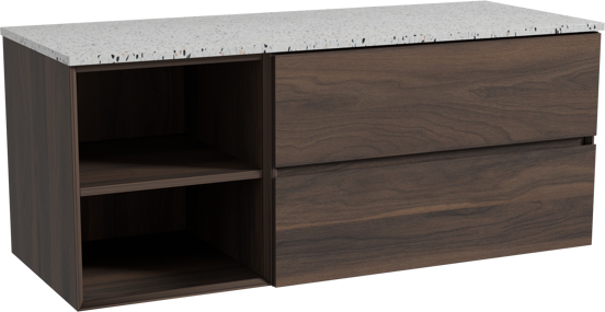 Storke Edge meuble salle de bains suspendu 130 x 52 cm noyer avec Tavola tablette simple ou double en blanc/noir mat terrazzo