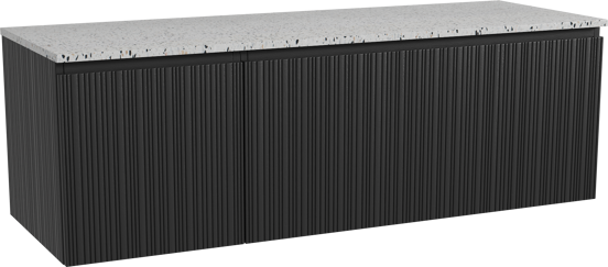 Storke Ribs meuble salle de bains suspendu 150 x 52 cm chêne noir avec Tavola tablette simple ou double en blanc/noir mat terrazzo, Nervure droite asymétrique verticale