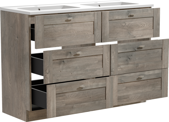 Linie Classo staand badkamermeubel 120 x 46 cm grijze eik met Vano dubbele wastafel in composietmarmer mat wit