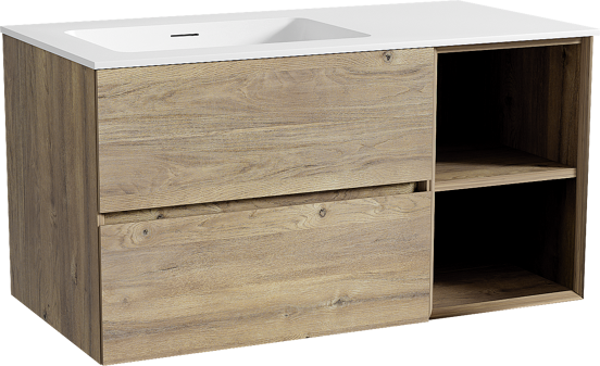 Storke Edge zwevend badmeubel 100 x 52 cm ruw eiken met Mata asymmetrisch linkse wastafel in solid surface mat wit