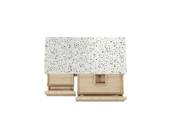 Balmani Forma zwevend badkamermeubel 120 x 55 cm natuur eik met Stretto enkel of dubbel tablet in mat wit/zwart terrazzo, Verticale asymmetrische ronde ribbel