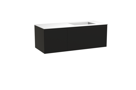 Balmani Idra zwevend badkamermeubel 135 x 55 cm mat zwart met Tablo Stretto asymmetrisch rechtse wastafel in solid surface mat wit