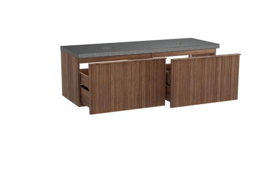 Balmani Forma hängendes Möbelstück Set: 150 x 55 cm, Amerikanischer Nussbaum, mit Rock Doppel Waschtischplatte, Granit, Schwarzes Granit, Vertikale asymmetrische Runde Rippe
