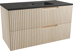 Linie Ribbo meuble salle de bains suspendu 100 x 46 cm chêne clair avec Vano plan simple en marbre composite noir mat, Nervure circulaire symétrique verticale