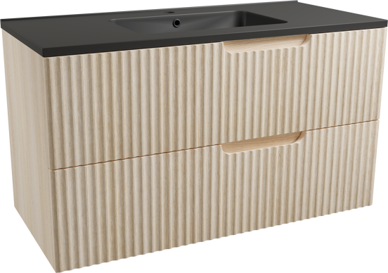 Linie Ribbo meuble salle de bains suspendu 100 x 46 cm chêne clair avec Vano plan simple en marbre composite noir mat, Nervure circulaire symétrique verticale