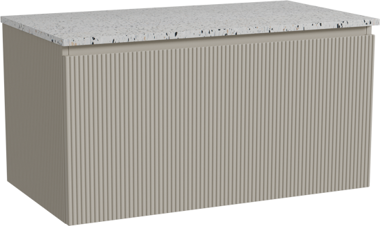 Storke Ribs meuble salle de bains suspendu 95 x 52 cm soie grise avec Tavola tablette simple en blanc/noir mat terrazzo, Nervure droite symétrique verticale
