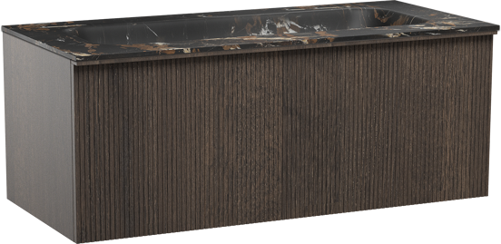 Balmani Forma zwevend badkamermeubel 120 x 55 cm gerookte eik met Tablo Arcato enkele wastafel voor 2 kraangaten in marmer portoro gold, Verticale symmetrische rechte ribbel