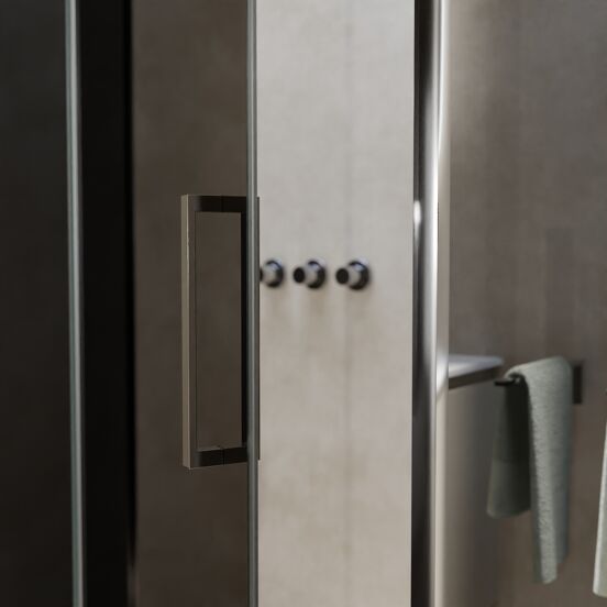 Balmani Senses Design douchehoek met linkse draaideur en vaste zijwand, 140 x 100 cm, Rookglas, Chroom profielen, met coating