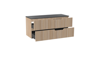 Linie Ribbo meuble salle de bains suspendu 120 x 46 cm chêne clair avec Lado tablette simple ou double en mélaminé ardoise gris, Nervure circulaire symétrique verticale