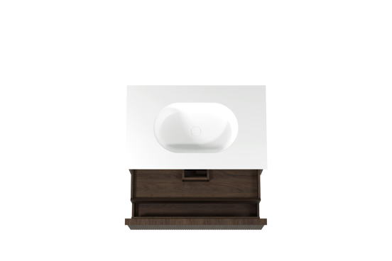 Balmani Forma zwevend badkamermeubel 90 x 55 cm gerookte eik met Tablo Oval enkele wastafel in solid surface mat wit, Verticale symmetrische rechte ribbel