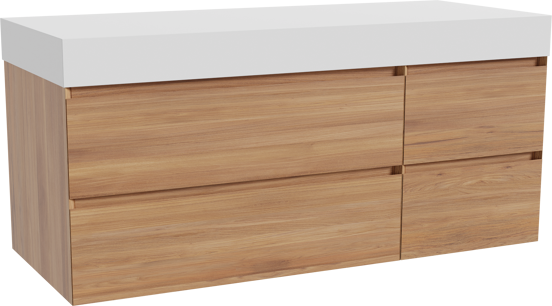 Balmani Mitra meuble salle de bains suspendu 135 x 55 cm teck avec Dominus tablette simple ou double en solid surface blanc mat