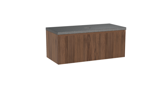 Balmani Fila hängendes Möbelstück Set: 120 x 55 cm, Nussbaum, mit Rock Einzel Waschtischplatte, Granit, Schwarzes Granit, Vertikale symmetrische gerade Rippe