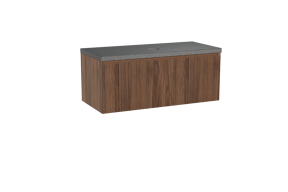 Balmani Fila hängendes Möbelstück Set: 120 x 55 cm, Nussbaum, mit Rock Einzel Waschtischplatte, Granit, Schwarzes Granit, Vertikale symmetrische gerade Rippe