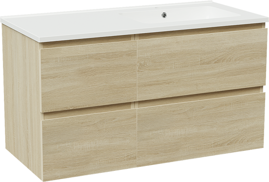 Linie Lado zwevend badmeubel 100 x 46 cm wit eiken met Vano asymmetrisch rechtse wastafel in composietmarmer hoogglans wit