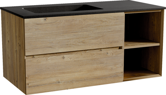 Storke Edge zwevend badmeubel 110 x 52 cm ruw eiken met Scuro asymmetrisch linkse wastafel in kwarts mat zwart