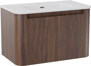 Storke Soft zwevend badkamermeubel 80 x 46 cm notelaar met Kera Soft enkele wastafel in porselein mat wit, Verticale symmetrische rechte ribbel