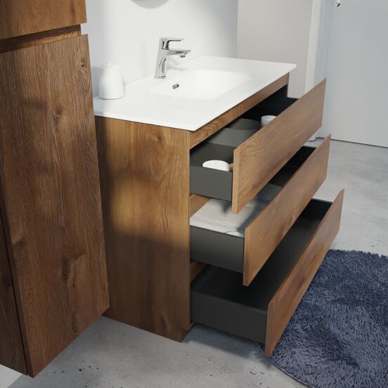 Linie Lado staand badmeubel 100 x 46 cm bruin eiken met Baro enkele wastafel in porselein hoogglans wit