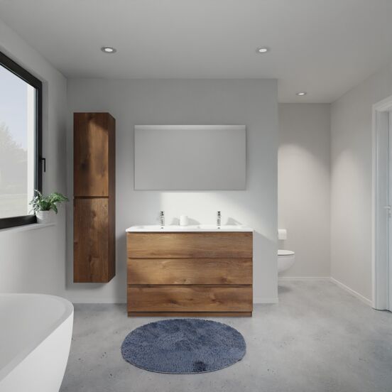 Linie Lado staand badmeubel 120 x 46 cm bruin eiken met Vano dubbele wastafel in composietmarmer hoogglans wit